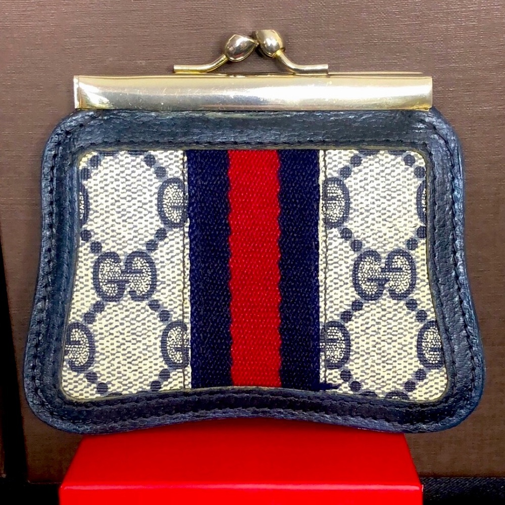 GUCCI GG Supreme Ophidia Sherry Line Kiss Lock Navy Blue Coin Purse - Picture 15 of 15